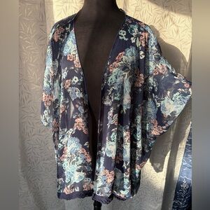 Mason Floral Print Chiffon Top in Blue and Pink with Crochet Edging